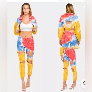 American Bazi Women's Tie Dye Ripped Denim Jacket And jeans size: 1X